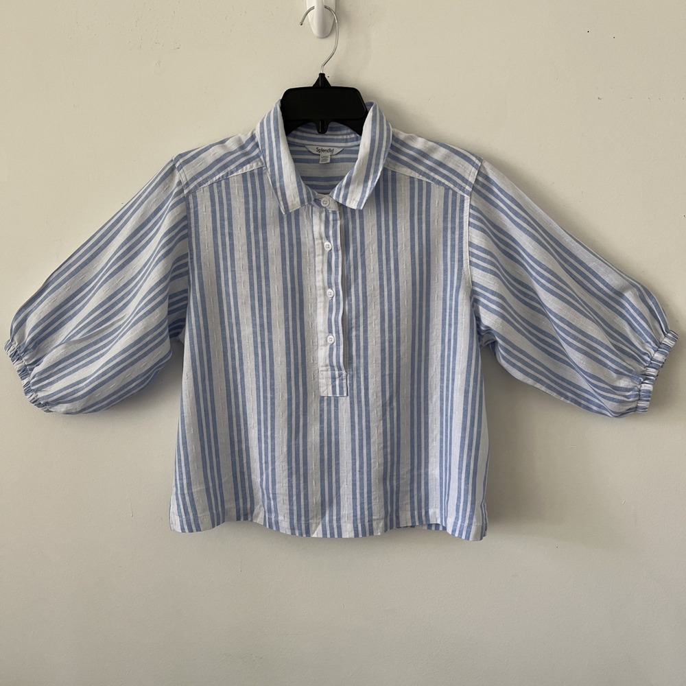 Women's Blue White Stripe Linen Blend Cropped Popover Top S Coastal Nautical